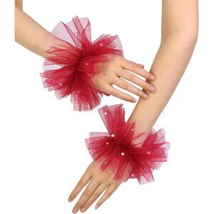 Women's Burgundy Short Mesh Tulle Pearl Lace Arm Sleeves Gloves Wedding Party